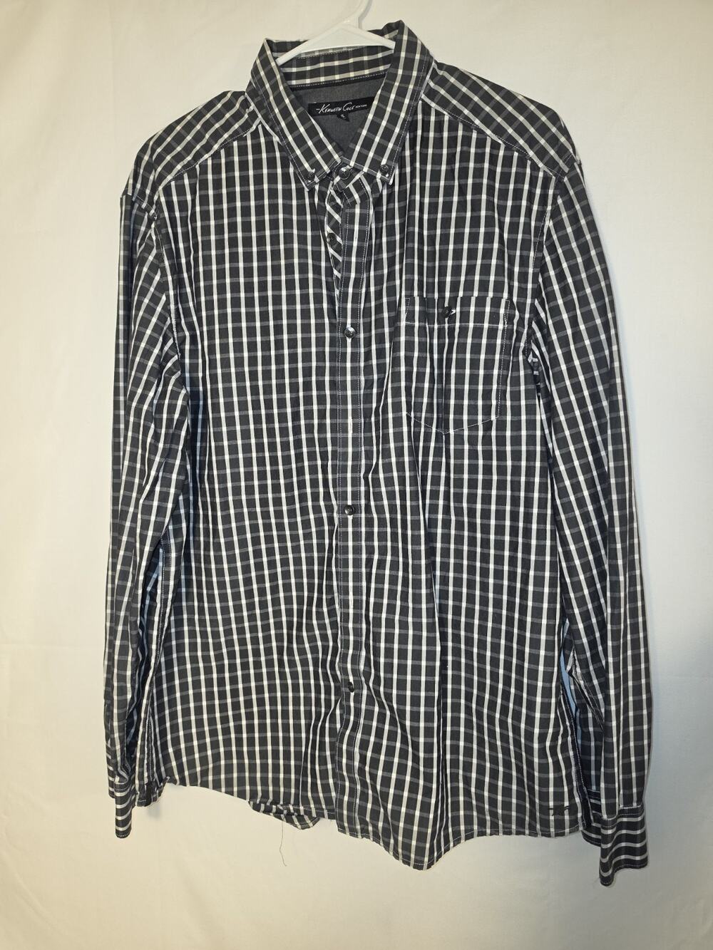 Kenneth Cole Button Up Shirt Black White Plaid Pocket Long Sleeves Men’s XL